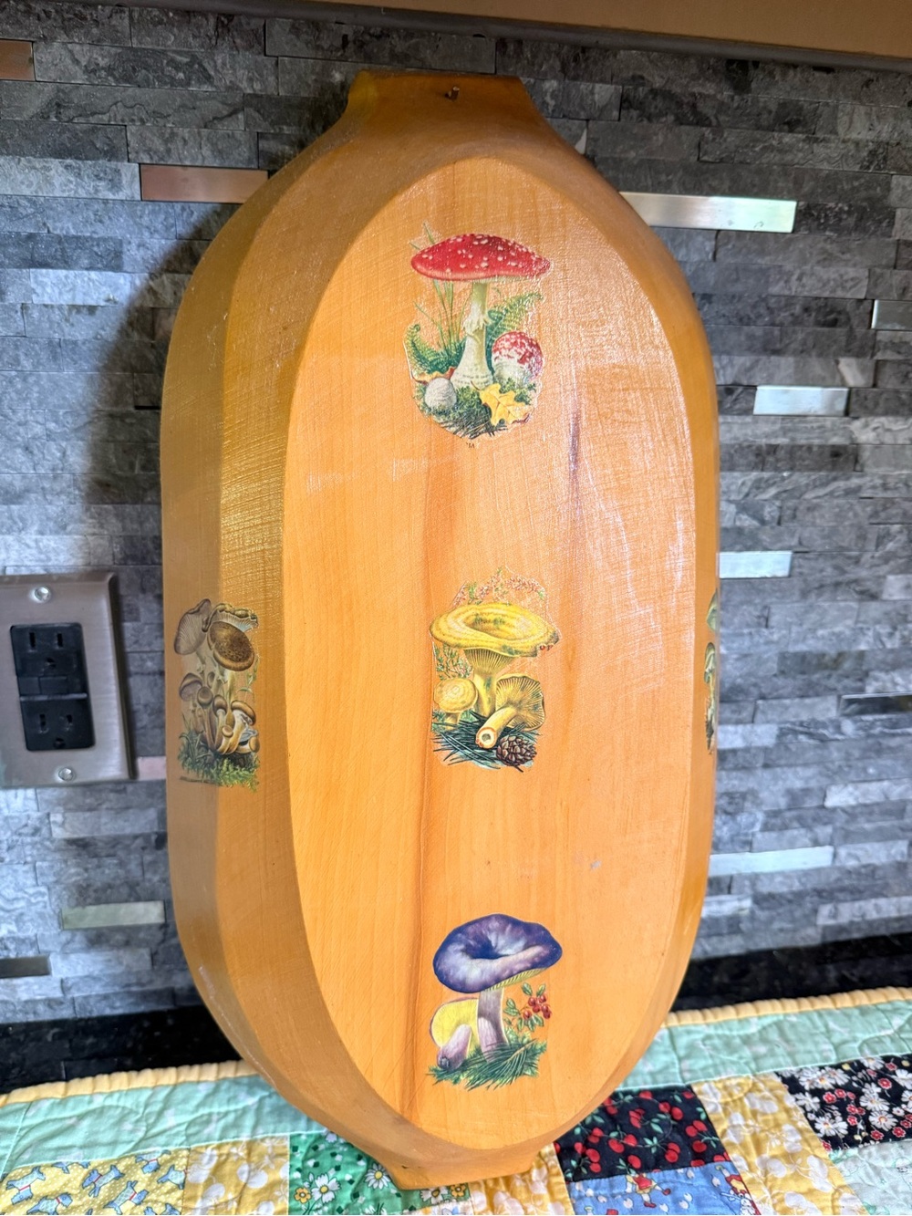 Vintage Boho Mushroom Decal Wooden Dough Bowl Hanging